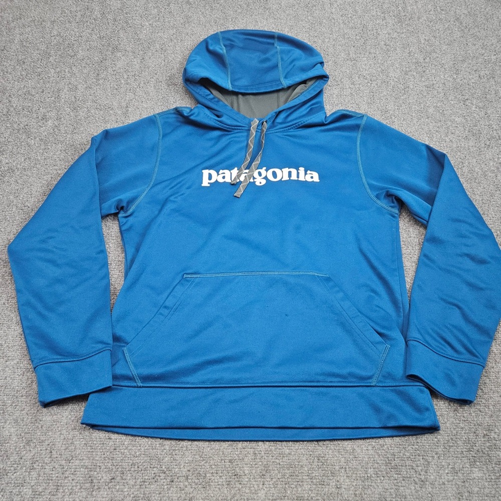 Patagonia Hoodie Mens‎ Medium Blue Logo Pullover Performance Sweatshirt Outdoor